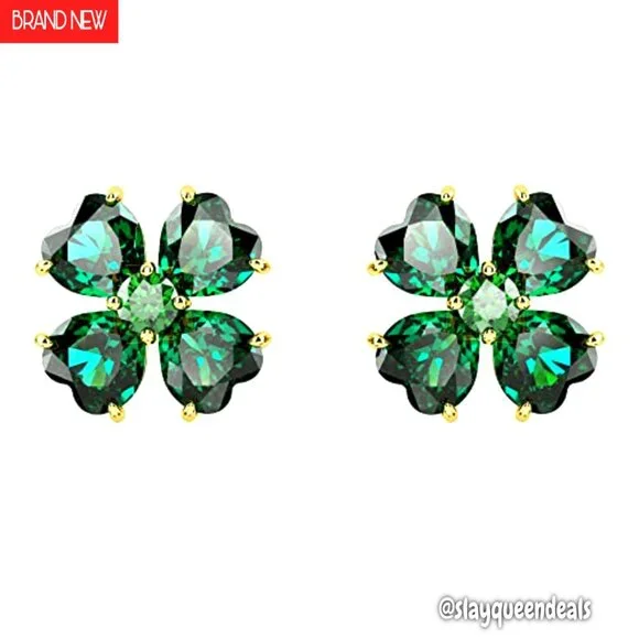 Gold-Tone Crystal Stud Earrings, Clover Motif, 0.47 Inch